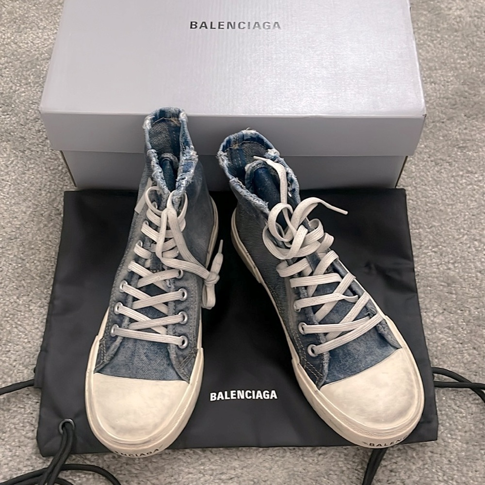 Balenciaga Paris Distressed Denim Hi-Top Sneakers - Picture 8 of 9